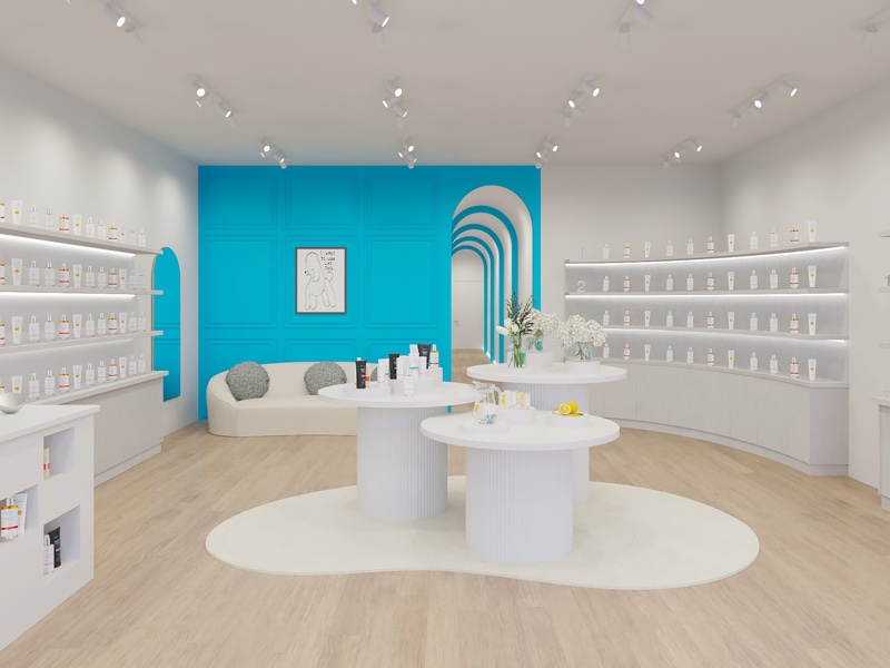 The blue and white decor echo's the brand's Marlyebone Street store