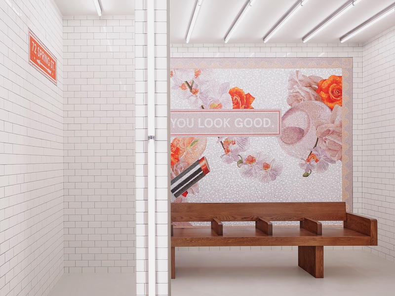The store features a floor-to-ceiling ‘You look good’ New York subway-style mosaic