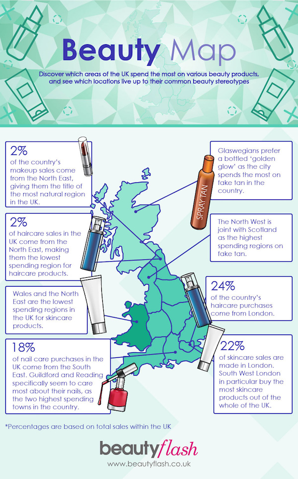 This beauty map of the UK from Beauty Flash shows which regions spend the most on specific beauty products